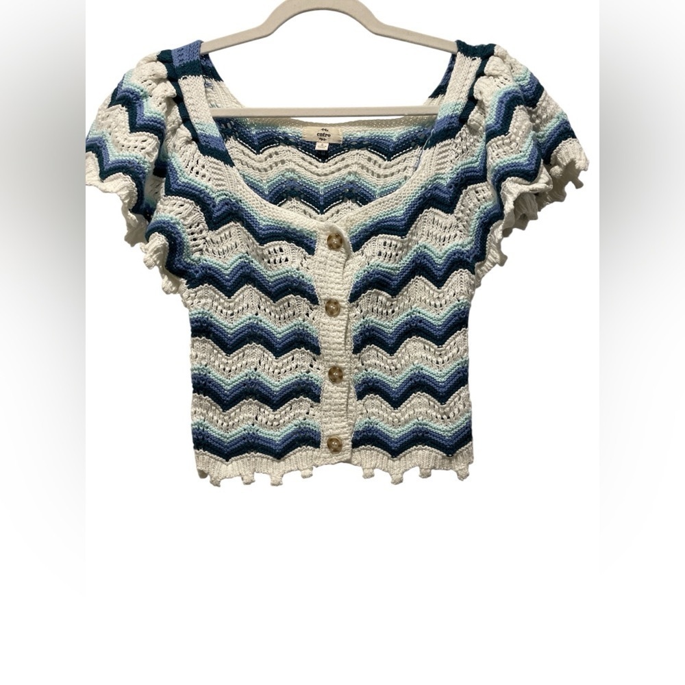 Entry Crochet Chevron Cardigan with Blue and White Stripes size S